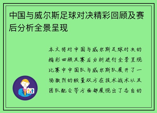 中国与威尔斯足球对决精彩回顾及赛后分析全景呈现